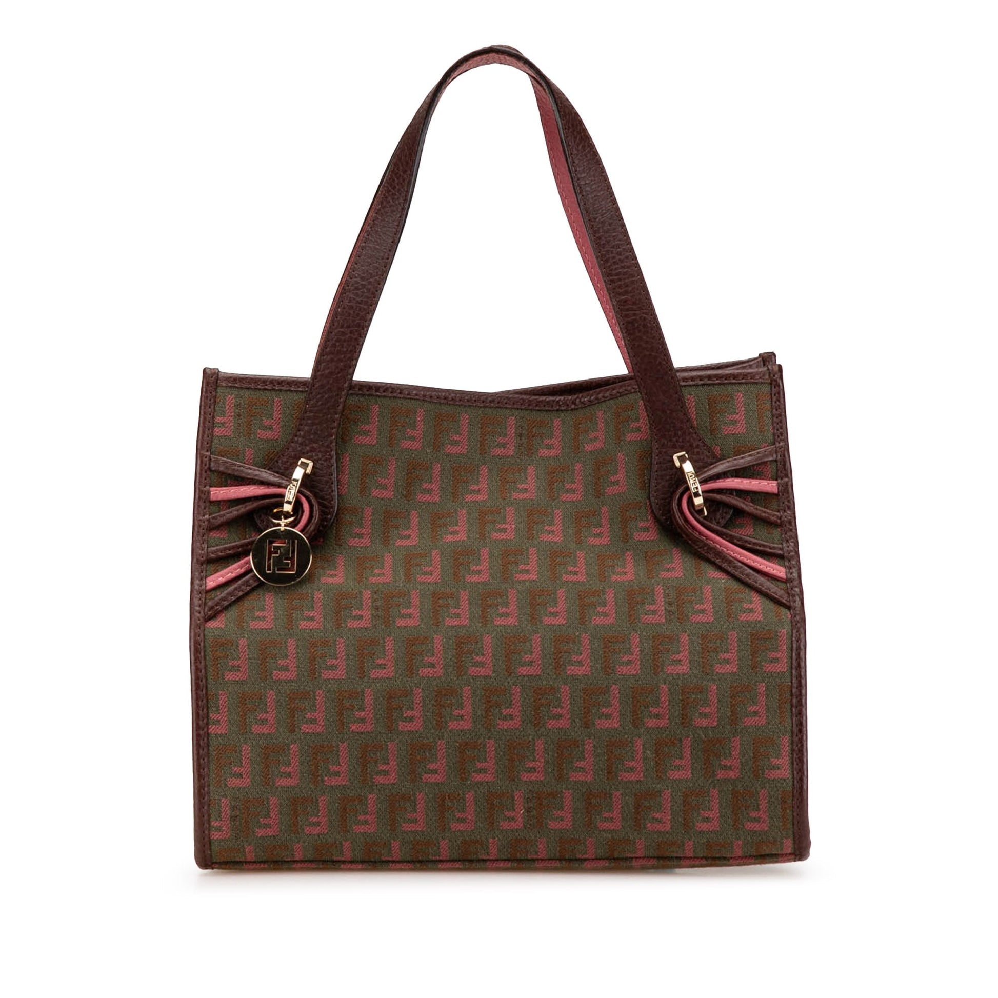 Front view of a Fendi tote bag with FF monogram canvas, burgundy leather handles, and gold-tone hardware.