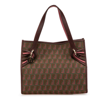 Front view of a Fendi tote bag with FF monogram canvas, burgundy leather handles, and gold-tone hardware.