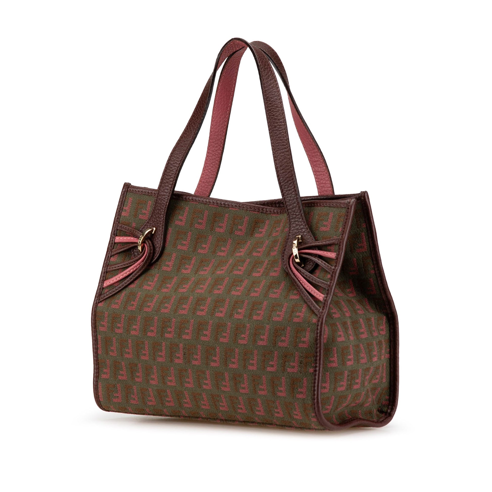 Angled side view of the Fendi tote showing depth and structure of the bag.