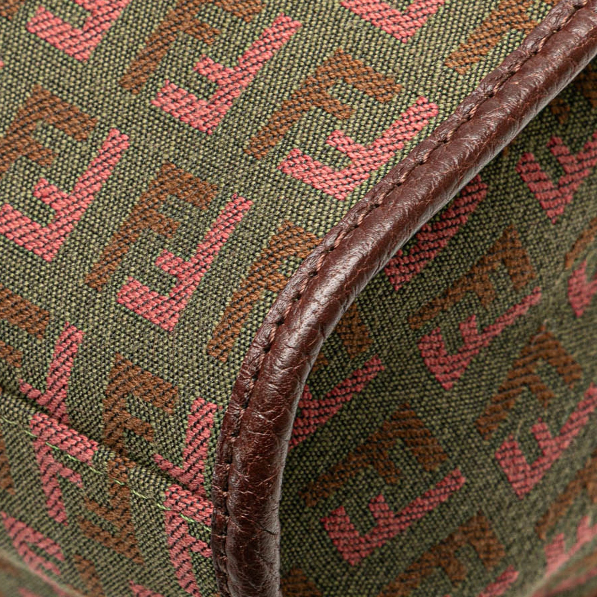 Close-up of FF monogram canvas with edge stitching on the Fendi tote bag.